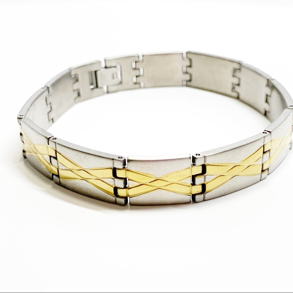 Men Two Tone Silver Gold Chain Link X Bracelet